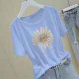 登森奥奥竹节棉新款镶钻纯棉短袖t恤女夏季韩版宽松百搭上衣女 蓝色（烫钻雏菊） 4XL 建议130-140斤