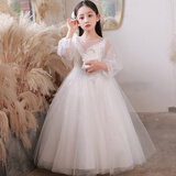 安妮优儿儿童礼服公主裙洋气花童高端女孩晚礼服女童钢琴演奏主持人演出服 白色长袖 140