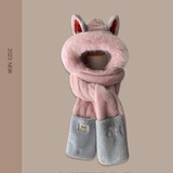 笙格儿火狐狸耳朵毛绒帽子女冬季保暖护耳雷锋帽子围巾手套秋冬天骑车帽 粉色 帽子围巾手套一体