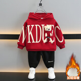 欧遥男童加绒套装新款宝宝衣服秋冬儿童卫衣韩版中小童保暖连帽两件套 酒红色小熊套装（加绒） 100 码 建议2-3岁 体重25-30斤