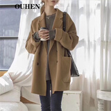 OUHEN小个子双面羊毛大衣女 秋冬新款休闲驼色羊毛呢外套呢子大衣 驼色 M（120-140斤）