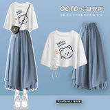 喜诗莱（CESLAY）夏季女装套装韩版休闲裙裤短袖T恤韩版学院风高腰设计气质两件套 小熊T恤+蓝裤裙 836# S 建议70-95斤