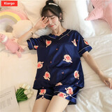 Kiargo新款睡衣女夏季冰丝短袖薄款韩版可爱学生仿真丝绸夏天女士家居服套装可外穿 DYV领蓝色小猪 女L码适合95斤以内