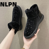 NLPN雪地靴女新款加绒加厚大棉鞋保暖皮面棉靴防水防滑孕妇鞋 黑白 36