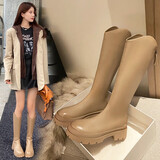 ZHR长筒靴女冬季保暖圆头显腿长不过膝靴子女便捷后拉链骑士靴INS百搭女靴 加绒可选 CQ03 奶茶色(单里) 36