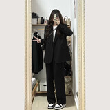 GARNUO奶茶灰小西装外套女短款2026年春秋新款小个子高级感休闲宽松西服 黑色套装【西装+裤子】 XL【131-150斤】
