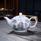 九楼阁景德镇青花高白釉中彩陶瓷小茶壶 功夫茶具单壶 手抓壶小号带过滤 水墨山水 320ml 泡沫包装