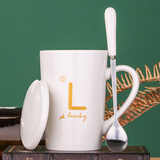 共禾京品（JINGREPUBLIC）幸运麻将仿搪瓷马克杯男女陶瓷杯子情侣咖啡杯大容量水杯家用 简约马克杯带盖勺-白