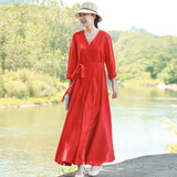 乱在江南纯色休闲棉麻连衣裙长袖春秋新款原创设计气质优雅系带大摆裙 红色 L