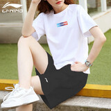 李宁（LI-NING）运动套装女夏季冰丝速干t恤短裤女士休闲跑步健身篮球训练衣服 标准白/标准黑【徽章】 XL(平常穿2XL建议拍)