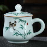 上官大人陶瓷杯茶杯水杯杯子带盖景德镇青瓷办公杯茶具山水中式仿古复古 竹韵清香 300ml
