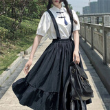 日系连衣裙甜美2021夏季新款学院风背带裙子女学生洋气软妹大摆型闺蜜装套装森系少女 黑色套装(单裙+T恤) L