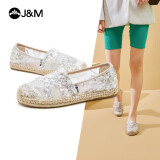 快乐玛丽（J&M）渔夫鞋女夏季镂空透气布鞋休闲懒人一脚蹬平底单鞋女 银色 35 