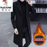啄木鸟（TUCANO）男人之家2025新款冬季风衣男韩版修身中长款毛呢大衣加厚外套加棉 黑色 XL 120-132斤