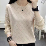 纤芸沐针织衫女春秋季女装毛衣打底衫女休闲时尚拼接雪纺袖缕空上衣女 卡其色 2XL