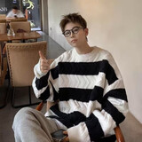 潮陣 ins毛衣男条纹港风圆领套头打底衫秋冬新款韩版潮流宽松时尚针织衫情侣帅气毛衫 黑色 L