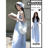 小野七天法式蓝色格子吊带连衣裙子女夏海边度假气质长裙+头巾 S