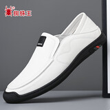 蜘蛛王皮鞋男牛皮一脚蹬透气软底驾车休闲商务皮鞋 白色（四季款） 40 