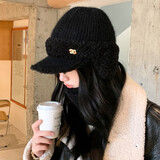 纳斯迪伦鲨鱼帽子女秋冬季钻标兔毛护耳鸭舌毛线帽骑行冬天户外保暖棉针织帽