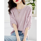 德玛纳（dme）【线条美学】夏法式复古条纹衬衫丝滑柔润舒适雪纺藏肉衬衣女上衣