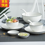 传世瓷 碗碟套装家用2人6人吃饭景德镇欧式简约骨瓷餐具套装碗碟盘子组合 描线 健康环保 釉下黑线10件套实用装