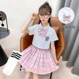 贝孩趣童装女童jk套装学院风衬衫儿童小学生校服百褶裙子六一儿童节班服 粉红色 130 码(建议身高115-125厘米)