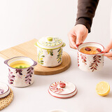 陶煲王陶瓷双盖隔水炖盅一人食小汤盅婴儿砂锅小号炖罐燕窝盅煨汤小瓦罐 手绘双盖炖盅-红草【送勺】 550ml