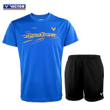 VICTOR威克多胜利羽毛球健身服袖短裤两件T-90040F蓝色+R-6299C黑色 M码