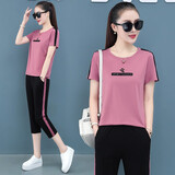 匹卡特（PIKATE）短袖T恤女夏天女装套装薄款新款韩版潮流夏季棉休闲宽运动套装女 粉色上衣+七分裤 XL
