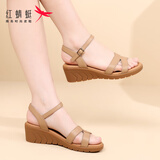 红蜻蜓（RED DRAGONFLY）女鞋凉鞋女夏季时尚百搭一字带真牛皮软底舒适女士妈妈坡跟凉鞋子 WTK232003 杏色(5CM) 37