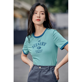 茵曼（INMAN）潮趣印花女装圆领短袖T恤修身显瘦套头短款2026夏季新款上衣 天蓝色 -18525987 S