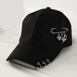 青衣麻相 铁环帽子男夏天棒球帽带环嘻哈帽青年街头圆环鸭舌帽女韩版遮阳帽 别针款=黑色 可调节