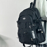 悠泽韩版ins百搭工装风书包女大容量日系双肩包ulzzang风旅行背包男潮 黑色（带毛球挂件）