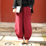 乱在江南民族风棉麻保暖夹薄棉裤女冬季新款松紧腰复古休闲纯色宽松萝卜裤 酒红色 均码