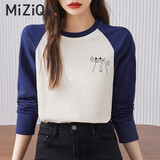 米子旗长袖t恤女纯棉春秋季2025新款宽松上衣打底T恤衫 黑字975左胸小 子夜蓝 L 建议110-120斤