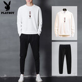 【两件套】花花公子长袖T恤男套装2020新款带帽圆领印花休闲套装韩版修身男长裤秋季男外套 SY-H305TZ白色 L