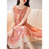 德玛纳（dme）【佩斯利印花】夏圆领宽松伞裙无袖拉链a字连衣裙女中长款