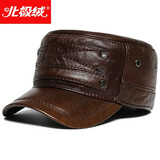 北极绒真皮帽子男秋冬季贝雷鸭舌帽中老年人护耳保暖头层牛皮老头前进帽 平顶牛皮帽-浅棕色（礼盒装）