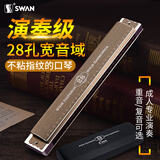 天鹅（SWAN）德国进口音簧28孔复音ABCD调口琴成人专业演奏重音初学者入门口琴 带音标浅木纹28孔复音C调【不留指纹】+全套礼包