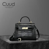 Cuud凯莉包mini斜挎小众设计鳄鱼纹女包时尚牛皮手提包新年情人节礼物 黑色【送礼品袋】