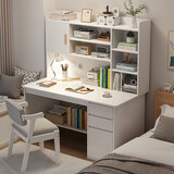 悦美妙 书桌书柜组合电脑桌台式学生学习桌家用卧室书架一体写字桌子 【实木椅套装】120CM暖白色