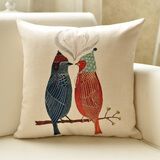 居八佰加厚亚麻花鸟抱枕简约布艺欧式沙发靠垫床头大靠垫办公室靠枕靠背 戴帽子两只鸟（可爱小鸟） 45*45cm抱枕套+枕芯