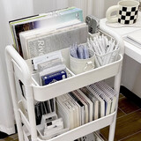 霓峰宿舍小推车置物架落地理发店美容收纳架家用婴儿玩具零食储物架子 二层时尚白【带轮子+无钩】小号