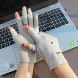 奕卬手套女薄款棉质防晒开车骑行防滑护手吸汗纯棉透气短款夏季半指春 小熊露两指-灰色