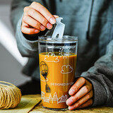 良工匠意吸管杯成人高颜值大容量刻度杯玻璃杯子牛奶咖啡杯可微波炉加热 热气球（刻度） 白色杯套吸管包