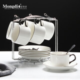 Mongdio 欧式咖啡杯套装拿铁杯创意陶瓷杯碟勺含架子 黑釉六杯六碟六勺-银架