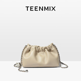 天美意（TEENMIX）女包牛皮云朵包休闲通勤斜挎单肩包女生日情人节礼物送女生女友 奶杏灰