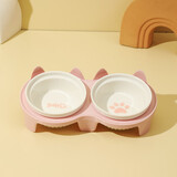 卉亦暮猫碗陶瓷猫食盆猫咪饭碗双碗斜口狗碗喝水碗保护颈椎防打翻 粉色防漏食架+婴用级I陶瓷双碗