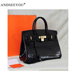 ANDSEEYOU鳄鱼纹铂金包真皮女包2025新款欧美时尚牛皮大包包通勤百搭手提包 黑色-30CM 鳄鱼纹铂金包