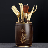 不拙茶道六君子黑檀木铜制茶具配件功夫套装茶勺茶筒6君子茶桌摆件 4-黑檀铜木鼓筒荷香厚泽茶道